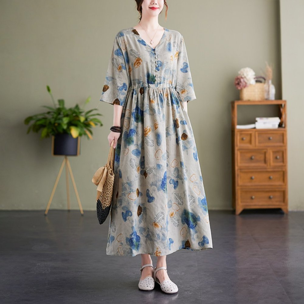 Cotton Linen Midi Dress Pattern, Midi Swing Dress Casual